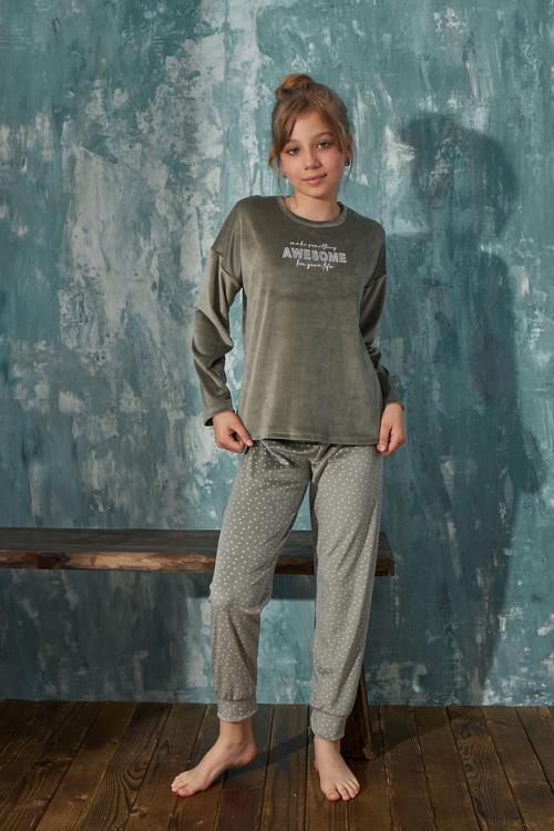 Kız Çocuk Kadife Bisiklet Yaka Altı Uzun Pijama Takım | 13353-15