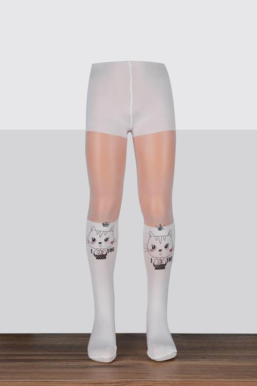 Kız Çocuk Love Cat Desenli Külotlu Çorap | Ekru BC8187-01