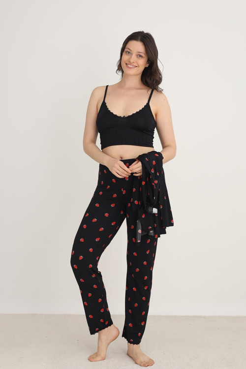Kadın Çilek Desenli İp Askılı Sabahlıklı 3'lü Pijama Takım | Siyah 80710-889