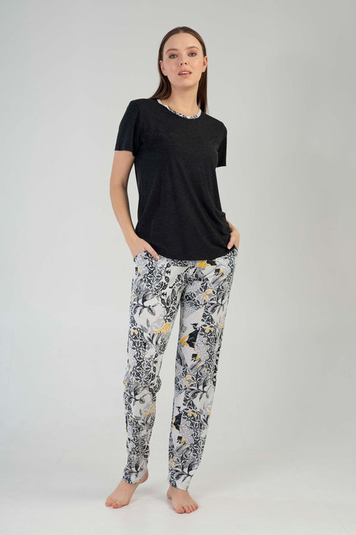 Kadın Bisiklet Yaka Kısa Kol Altı Uzun Pijama Takım | 2100890569