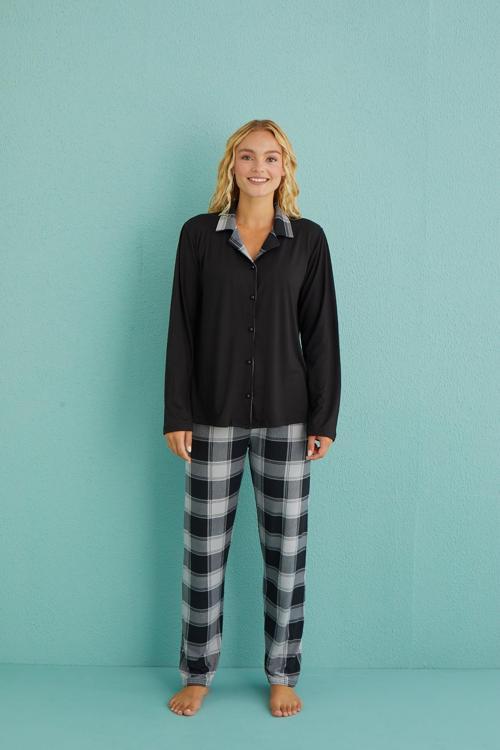 Kadın Genç Önden Düğmeli Uzun Kollu Pijama Takımı | Siyah 50901-35