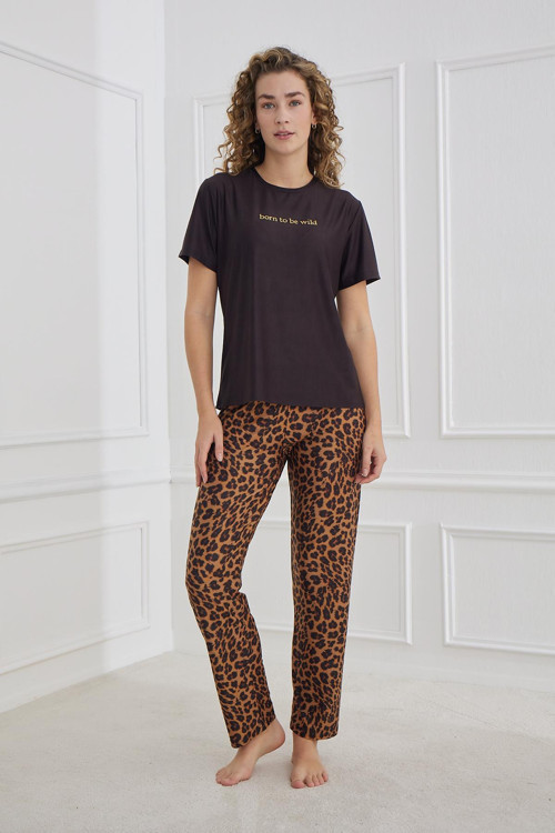 Kadın Leopar Desenli Bisiklet Yaka Pijama Takım | Siyah 30102-1287