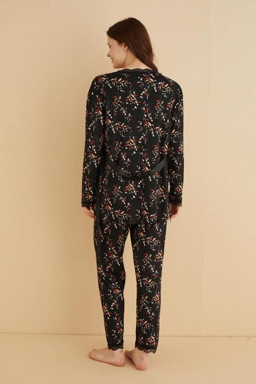 3'lü Genç İp Askılı Sabahlıklı Pijama Takım | Siyah 80118-59