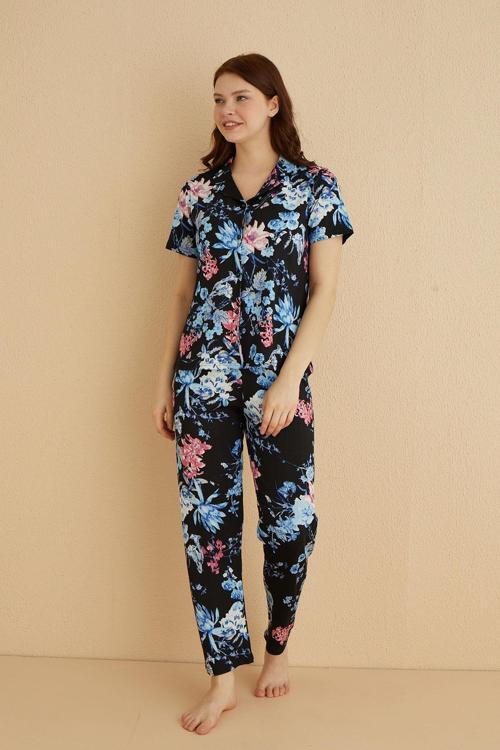 Genç Önden Düğmeli Pijama Takım | Siyah 80124-64