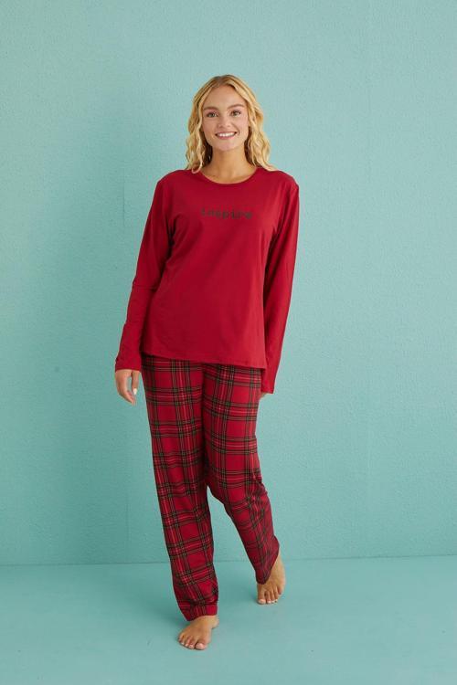 Kadın Genç Bisiklet Yaka Uzun Kollu Pijama Takımı | Kırmızı 50902-47
