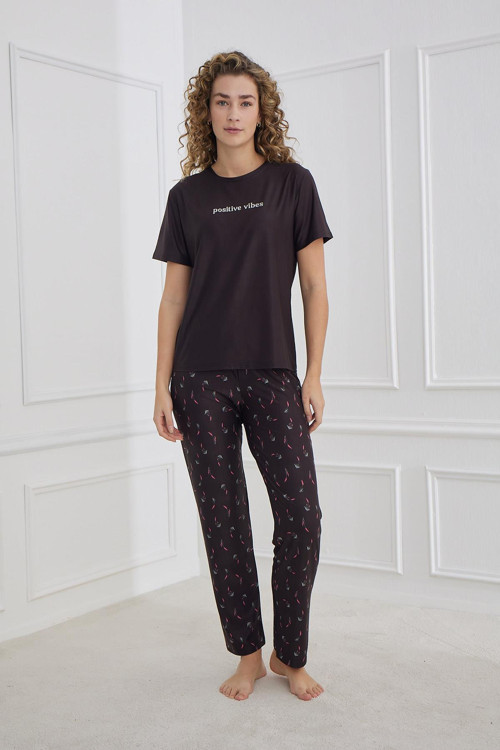 Kadın Çiçek Desenli Kısa kollu Pijama Takım | Siyah 30102-1167