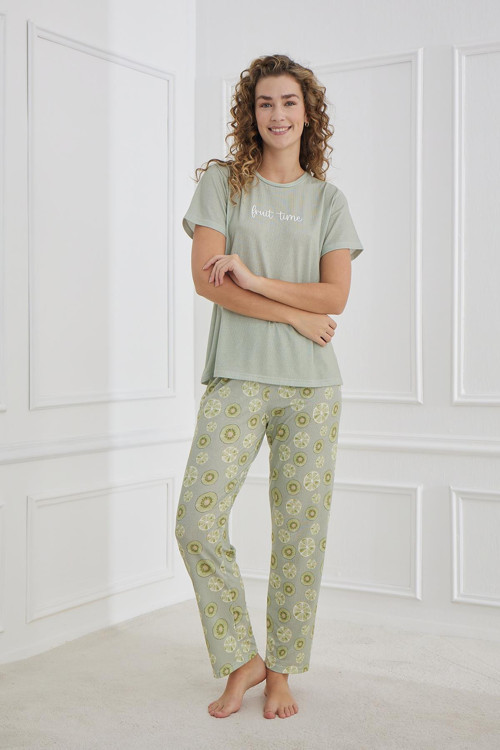 Kadın Desenli Likralı Süprem Bisiklet Yaka Pijama Takım | Yeşil 70109-1219