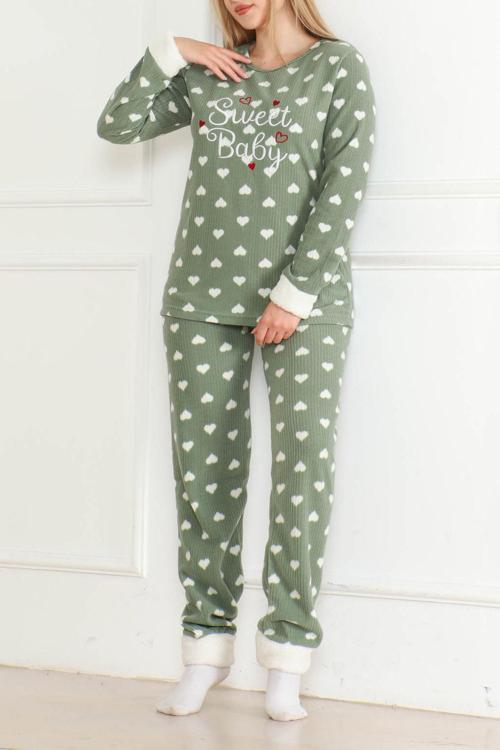 Nakışlı Peluş Polar Pijama Takım Haki - 26636