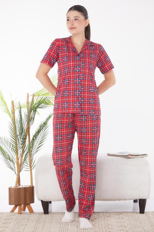 Ekoseli Kısa Kollu Pijama Takımı Kirmizi - 25902