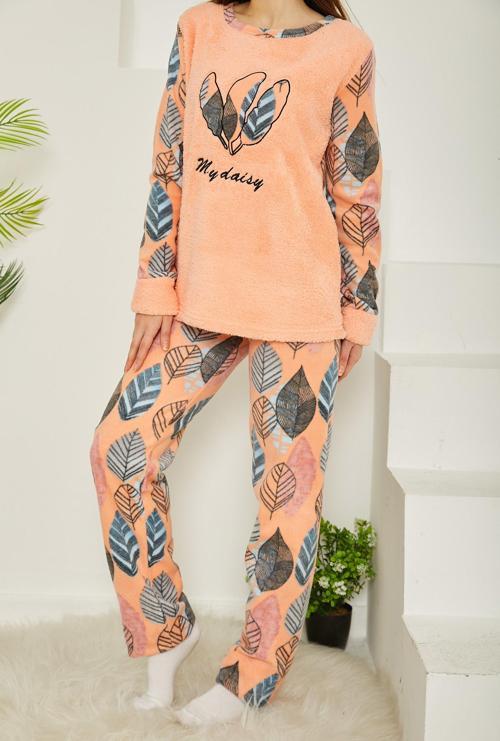 Nakışlı Peluş Polar Pijama Takım Yavruağzi - 26781