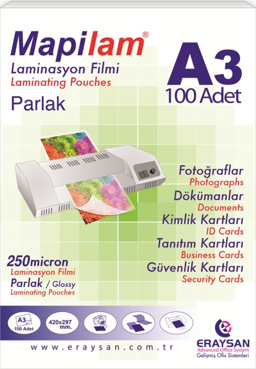 LAM 250 MİC. PARLAK LAMİNASYON FİLMİ (A3)100 LÜ