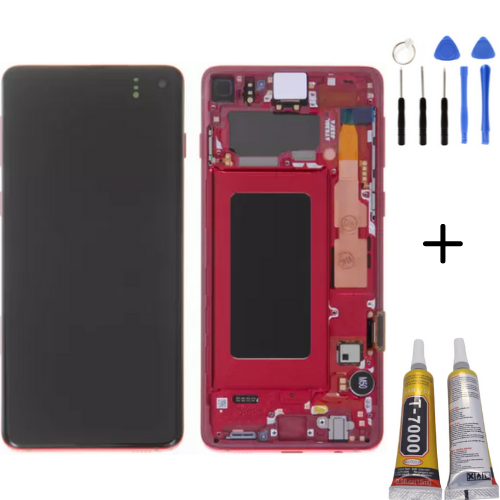 TE Samsung S10 G973F Uyumlu Çıtalı Lcd Ekran Kırmızı + Montaj Kiti