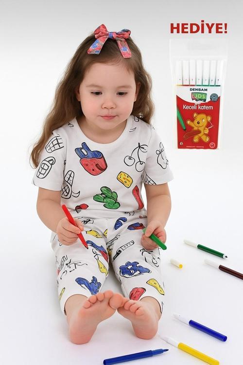 Özel Kalemli Boyanabilir Kısa Kollu Çocuk Pijama Takımı 012X