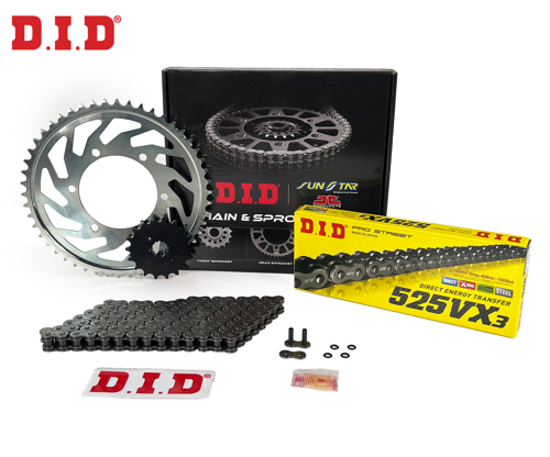 ZİNCİR DİŞLİ SETİ SUZUKI GSX F (650 cc)  (2008-2014) / SUZUKI / GSX F / 650cc / ZİNCİR: DID-525VX3 (Çelik)-118 / ÖN-ARKA