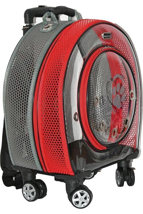 Fileli Kedi Köpek Taşıma Valizi Çekçekli Sırt Çantası Tekerlekli Model Küçük Boy Kırmızı-Gri