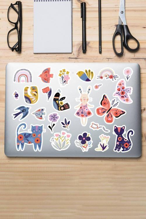 Hediyene Bak Kelebek Kedi Çiçek Bahar Temalı Sticker Seti Termos Tablet Telefon Laptop Etiketi