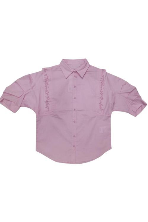 Kız Çocuk Perfect Yazılı Balon Kol Model Pembe Kısa Kol Gömlek