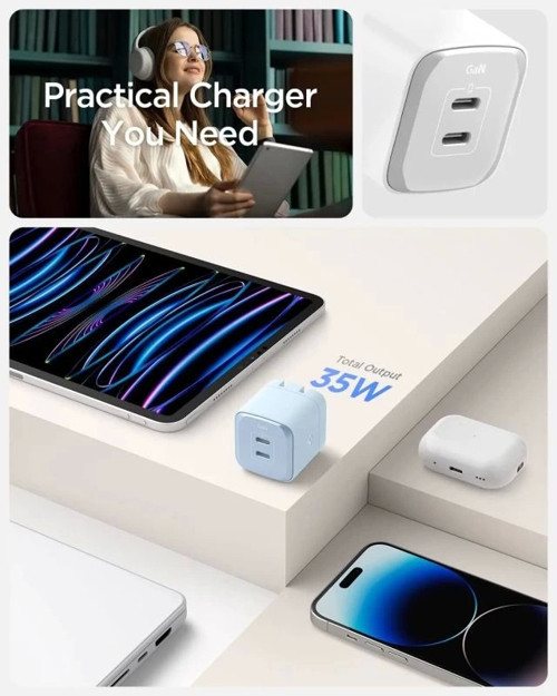 GaN III 352 35W 2 Bağlantı Noktalı Kompakt Katlanabilir Çift USB C Duvar Şarj Cihazı PD PPS B