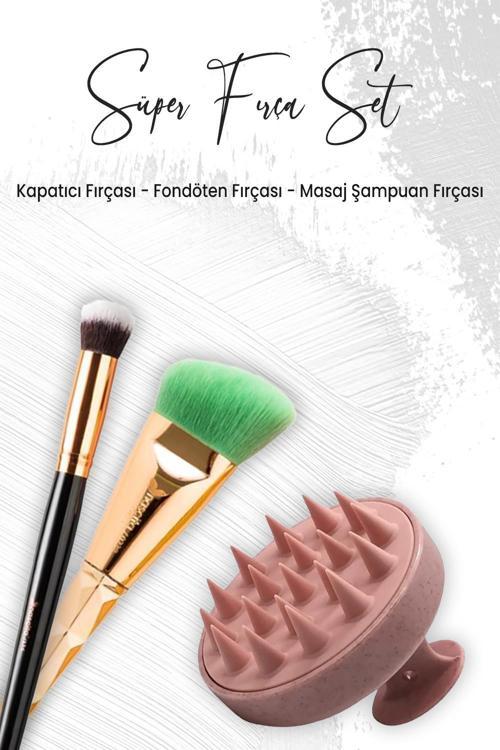 Masaj Şampuan Fırçası Pembe, Oval Yapılı Kapatıcı ve Açılı Fondöten Fırçası