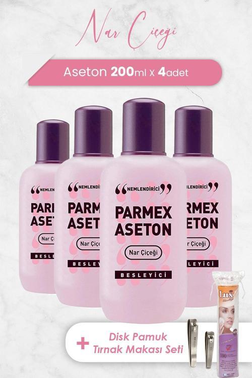 Pembe Nar Çiçeği Aseton 200 ml x 4 Adet, Disk Makyaj Pamuğu 100'lü ve Tırnak Makası Seti