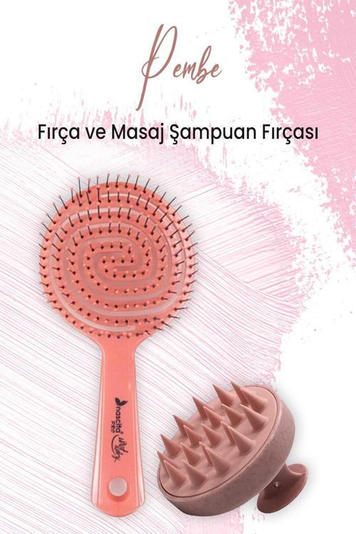 Yumuşak Silikonlu Masaj Şampuan Fırçası Pembe ve Oval Saç Fırçası Pembe