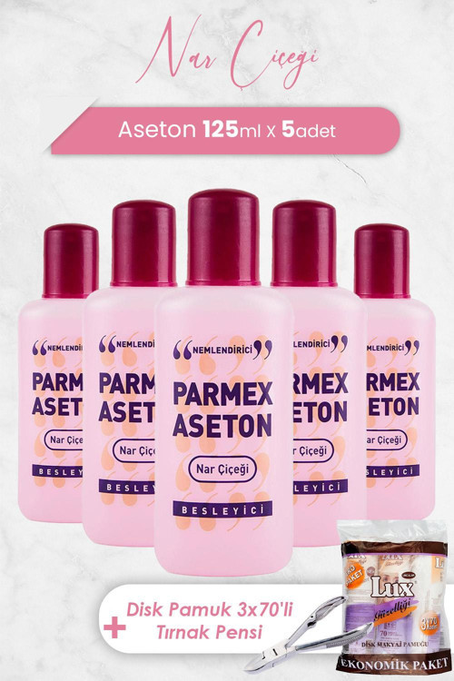 Aseton Nar Çiçeği Pembe 125 ml x 5 Adet, Disk Pamuk 3x70'li ve Tırnak Pensi