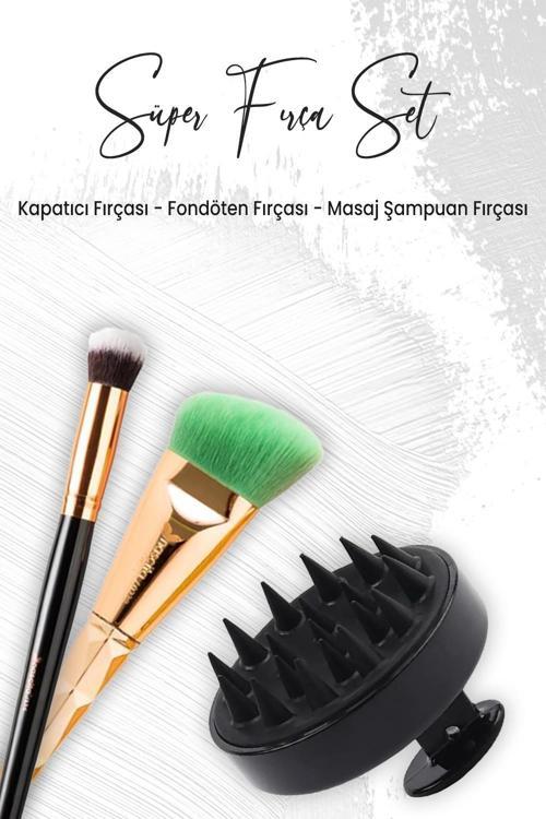 Masaj Şampuan Fırçası Siyah, Oval Yapılı Kapatıcı ve Açılı Fondöten Fırçası