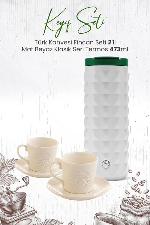 Mat Beyaz Termos 473 ml ve Türk Kahvesi Fincan Seti 2'li