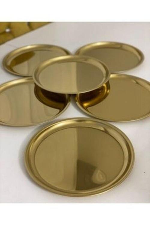 Yuvarlak Gold Sunum Tepsisi Dekoratif Servis Tepsisi Çay,Söz, Nişan,Sunum Kahve 22 Cm 6'Lı Yvrlk