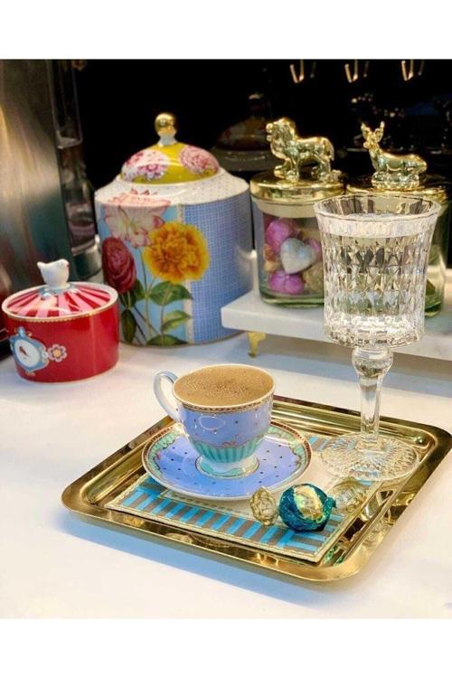 Lüx Paslanmaz Tek Taraflı Gold Kare 6’Lı Gold Kahve, Çay, Nişan, Söz, Dekoratif Sunum Servis Tepsisi