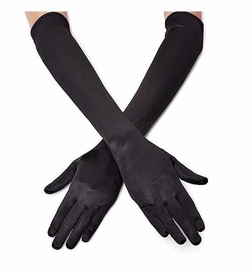 Çocuk   Siyah Renk Likralı Dirseğe Kadar Uzun Kumaş Eldiven 40 cm