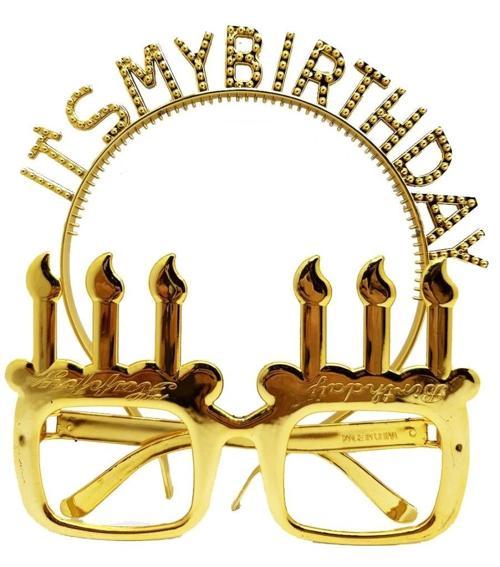 Çocuk İt&#39;sMyBirthdayYazılıTaçveMumŞekilliGözlükSetiAltınRenk