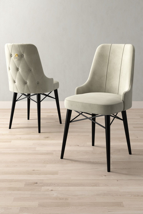 Niza Kafesli Krem Baklava Desen Baby Face Siyah Ahşap Ayak Yemek Odası Sandalyesi
