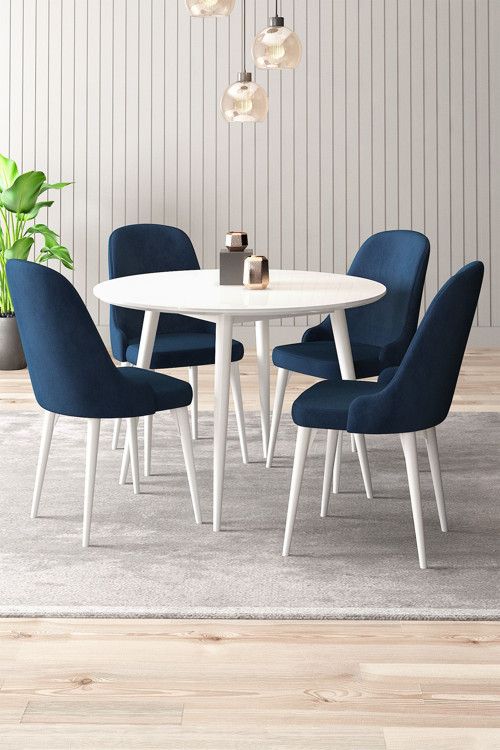 Silvia 4 Sandalyeli Yuvarlak 90X90 Beyaz Ahşap Ayak Mdf Mutfak Yemek Masası Takımı