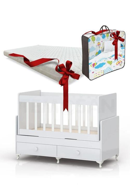 Anne Yanı Sallanır Bebek Beşiği, Mavi Uyku Setli, Yataklı, Çekmeceli 60 X 120