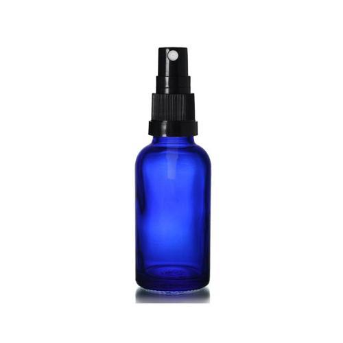 30ml mavi cam, siyah sprey başlıklı şişe, 24 adet, cam şişe, sprey şişesi, ecza şişesi, dropper şişe, medikal şişe
