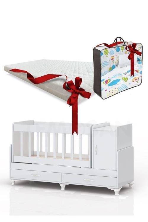 Karyola Olabilen Sallanır Bebek Beşiği Yataklı Sarı Uyku Setli Kapaklı Ve Çekmeceli 60 X 120