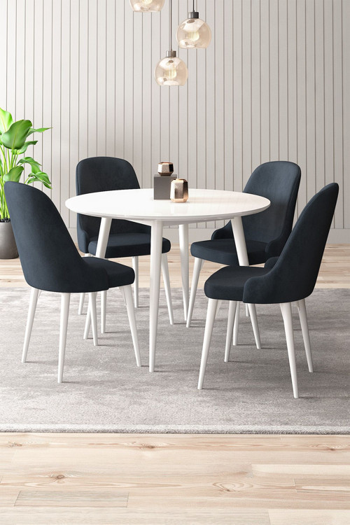 Silvia 4 Sandalyeli Yuvarlak 90X90 Beyaz Ahşap Ayak Mdf Mutfak Yemek Masası Takımı