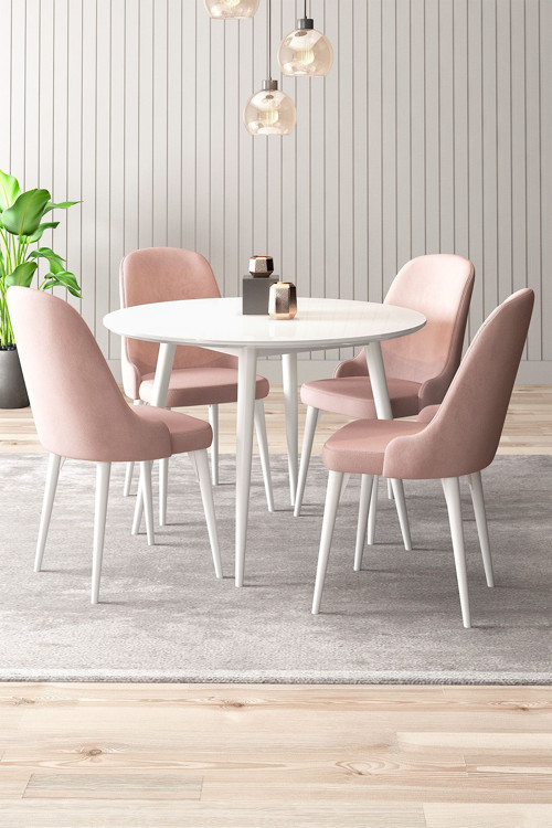 Silvia 4 Sandalyeli Yuvarlak 90X90 Beyaz Ahşap Ayak Mdf Mutfak Yemek Masası Takımı