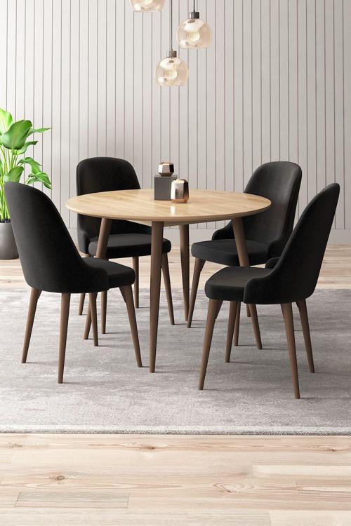 Adel 4 Sandalyeli Yuvarlak 90X90 Ceviz Ahşap Ayak Mdf Mutfak Yemek Masası Takımı