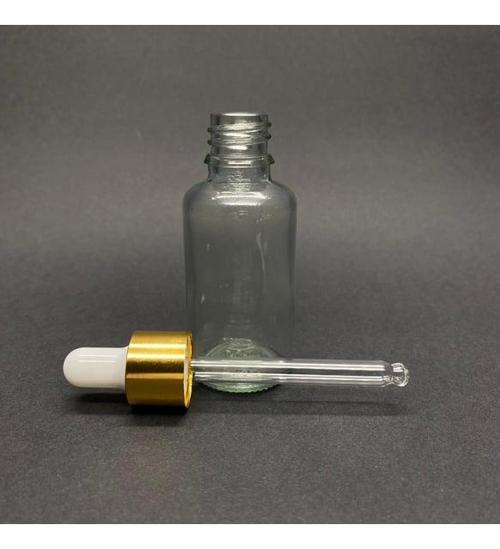 30ml Şeffaf, Cam Şişe, 24 adet, Cam Damlalıklı, Ecza şişesi, Propolis şişesi, Gold Kapak Beyaz Emzik