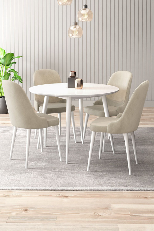 Silvia 4 Sandalyeli Yuvarlak 90X90 Beyaz Ahşap Ayak Mdf Mutfak Yemek Masası Takımı
