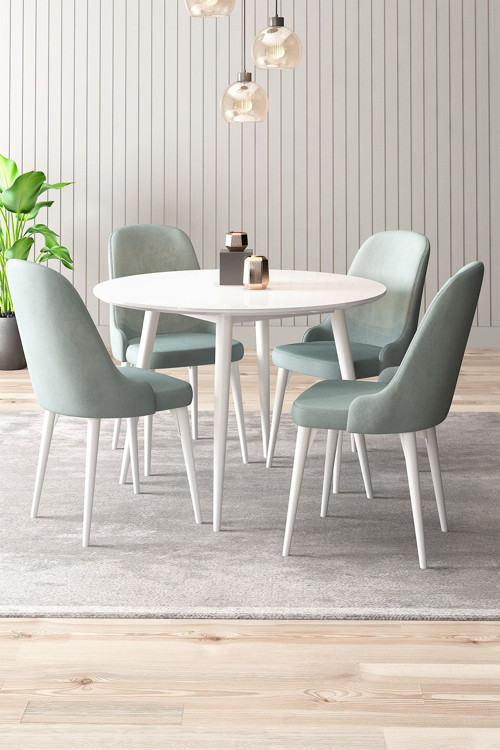 Silvia 4 Sandalyeli Yuvarlak 90X90 Beyaz Ahşap Ayak Mdf Mutfak Yemek Masası Takımı