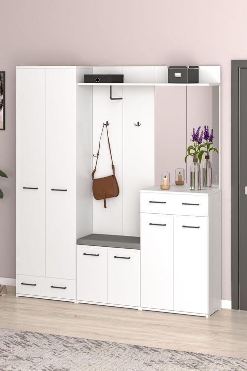 Beyaz Portmanto Vestiyer Askılık, Aynalı, Ayakkabılık, Dolaplı, Çekmeceli, Arya Puzzle Modeli V-085