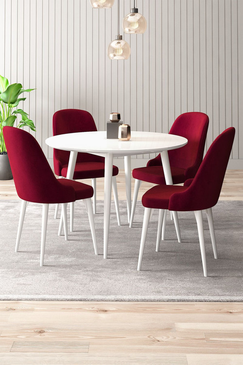 Silvia 4 Sandalyeli Yuvarlak 90X90 Beyaz Ahşap Ayak Mdf Mutfak Yemek Masası Takımı