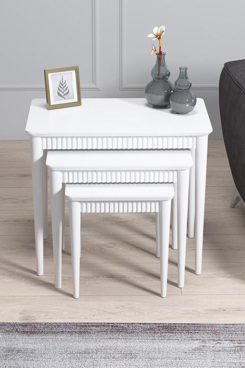 Elegance Mdf Ve Lake Boya, Beyaz 3Lü Zigon Sehpa Takımı, Beyaz Gürgen Ayaklar