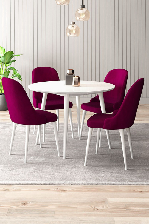 Silvia 4 Sandalyeli Yuvarlak 90X90 Beyaz Ahşap Ayak Mdf Mutfak Yemek Masası Takımı