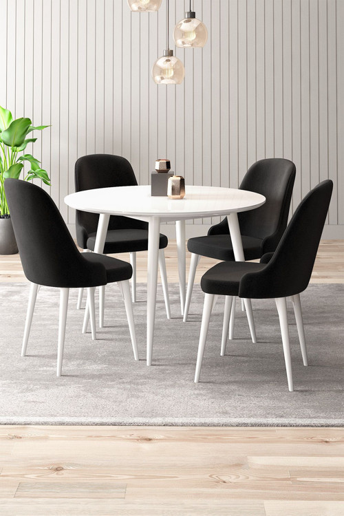 Silvia 4 Sandalyeli Yuvarlak 90X90 Beyaz Ahşap Ayak Mdf Mutfak Yemek Masası Takımı