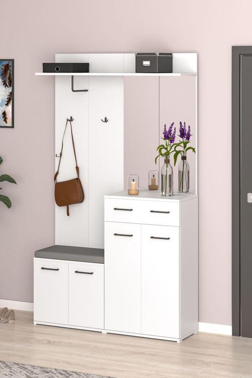 Beyaz Portmanto Vestiyer Askılık Puzzle, Aynalı Dolaplı, Benchli Ayakkabılık, Kapaklı V-075