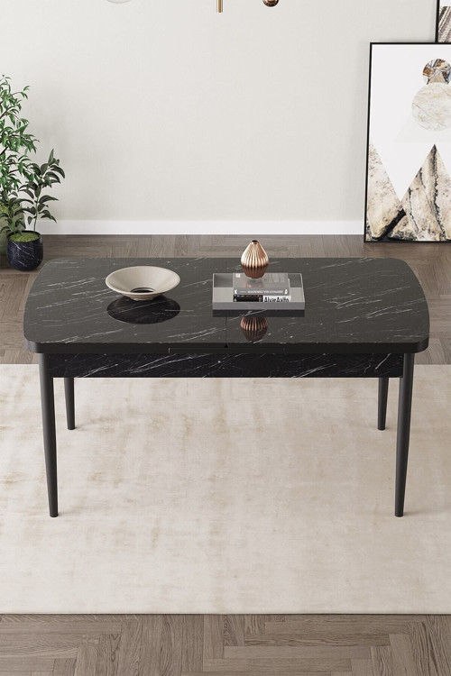 Fiona 80X132 Mdf Siyah Mermer Desen Masa Metal Ayaklı Açılabilir Üst Kalite Mutfak Masası